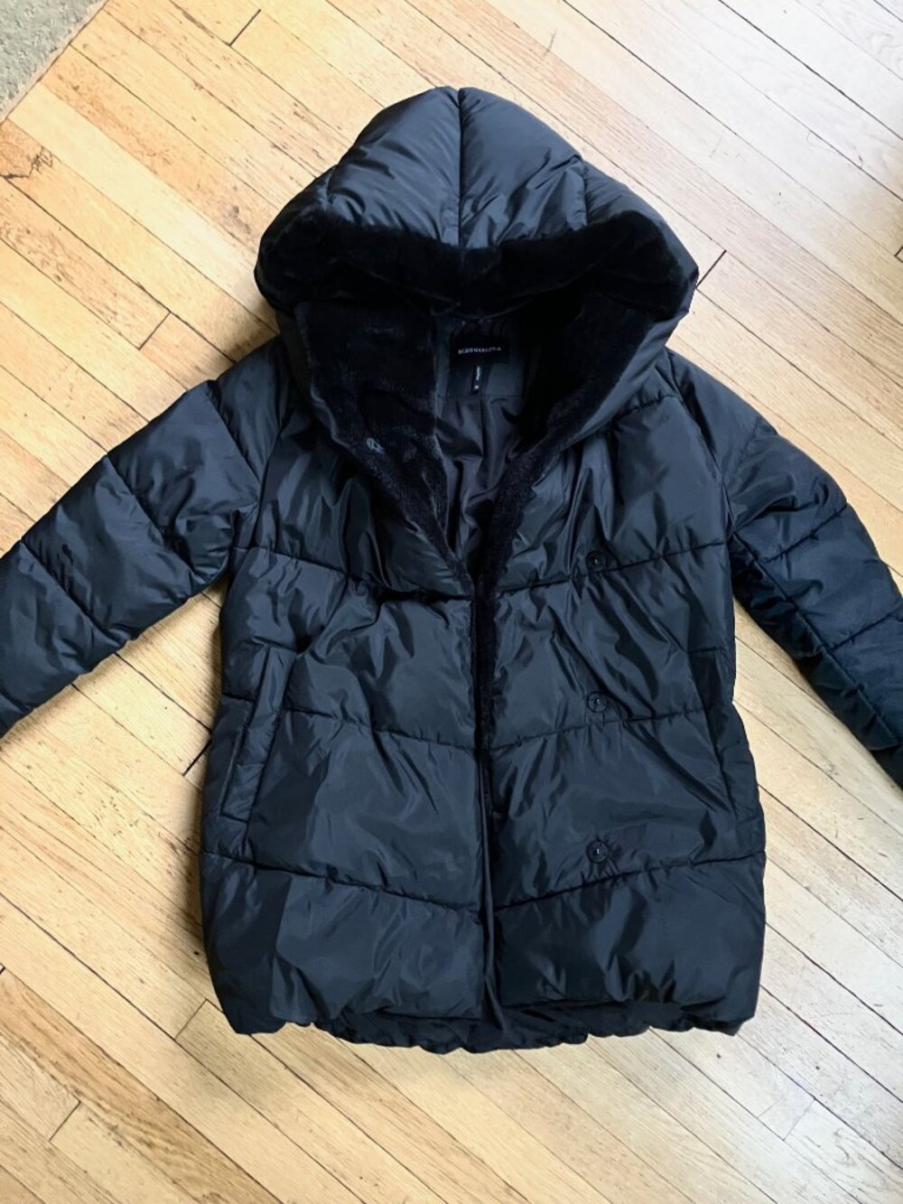 BCBGMAXAZRIA Black Hooded Faux Fur Puffer Button Coat, Size M